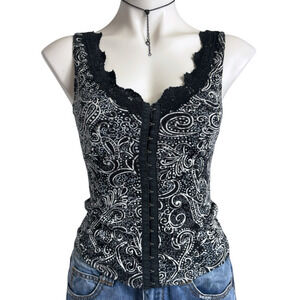 Vintage 90s Outlooks Goth Babydoll Top Lace Hook & Eye Corset Paisley Mesh USA
